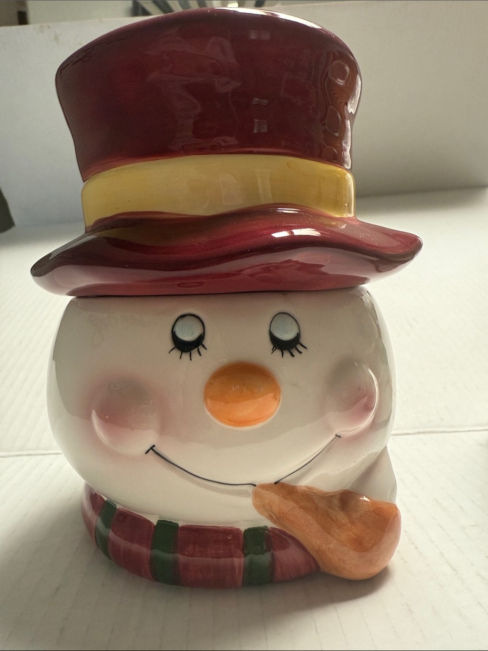 Holiday Snowman Cookie Jar - Red Hat, Unbranded 6”